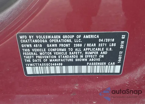 2016 Volkswagen Passat 1.8T Sel Premium z USA, uszkodzony, nr VIN 1VWCT7A3XGC048469